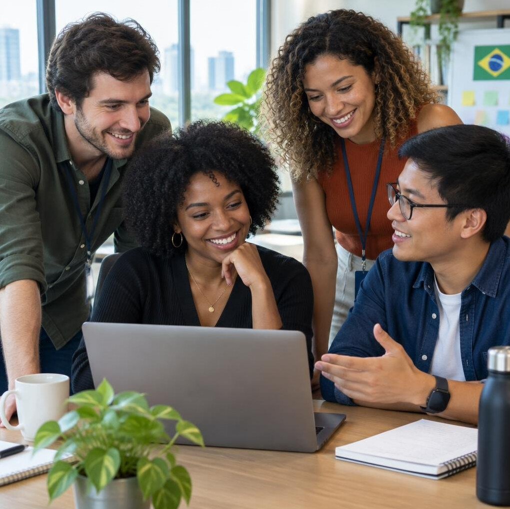 Team of colleagues collaborating at a laptop