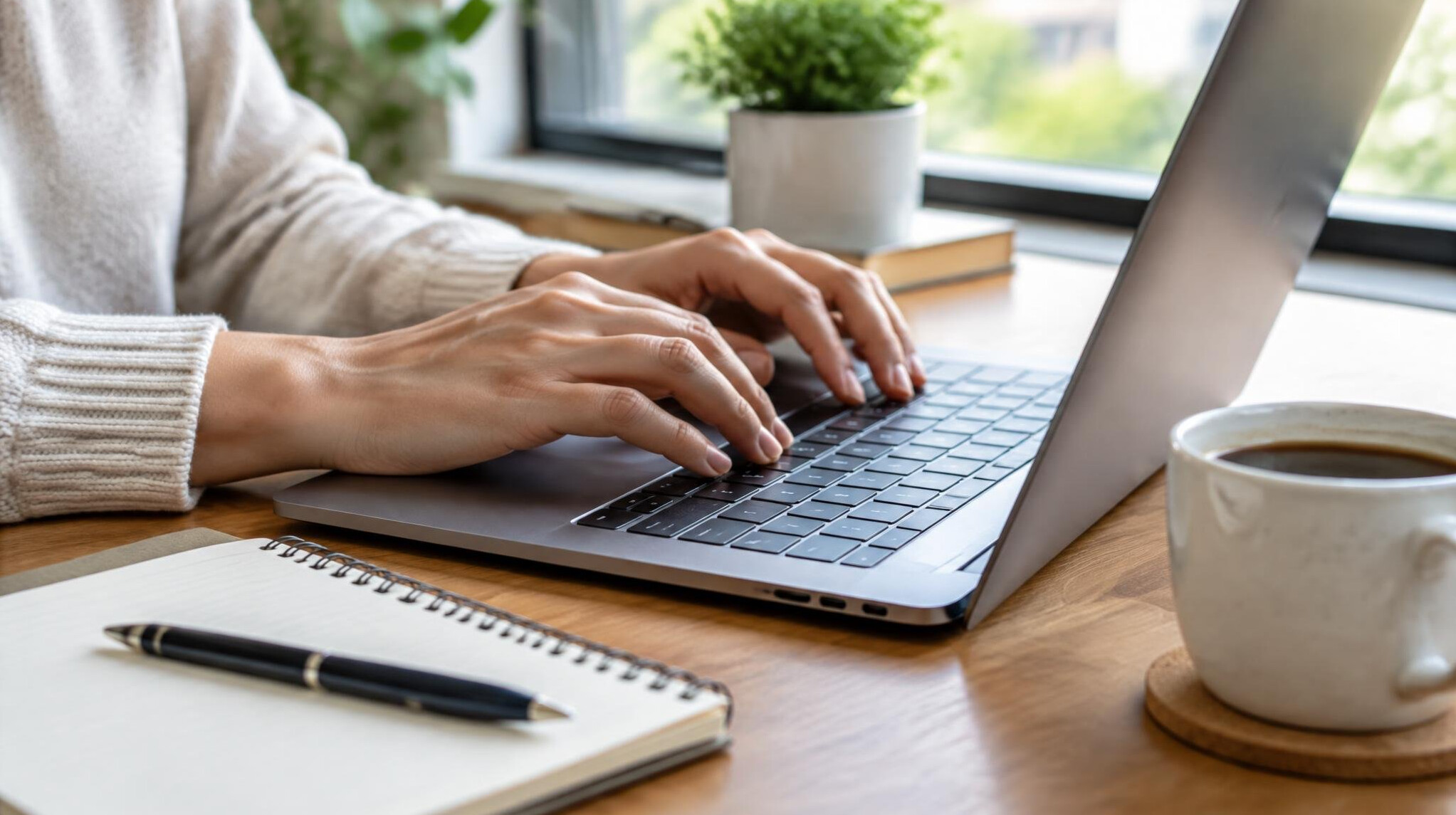 Hands typing on a laptop on a desk with notes